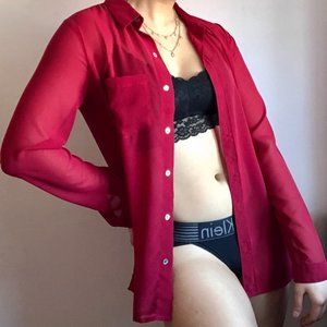 Sheer Flowy Burgundy Button Down Shirt